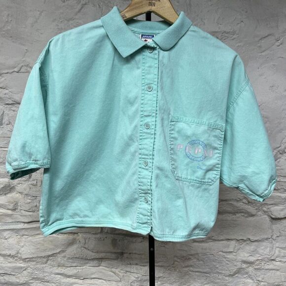 Vintage 80s 90s Pepsi Cropped Soda Shirt Button Up Turquoise Teal Blue Pink Logo - Picture 1 of 7